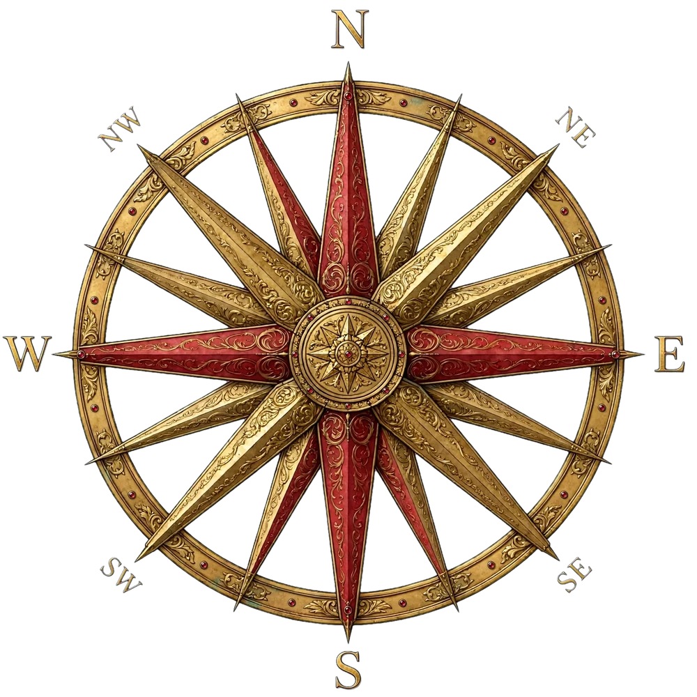 A gold and crimson compass rose