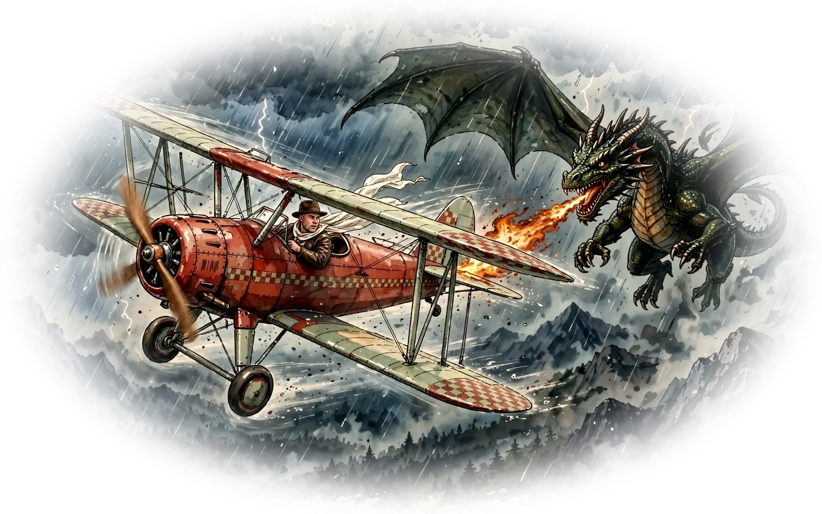 A biplane flying towards a dragon on a watercolour treasure map